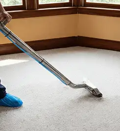 Steam carpet cleaning technician using a hot-water extraction wand on a residential carpet, wearing blue protective shoe covers Columbia, MO.